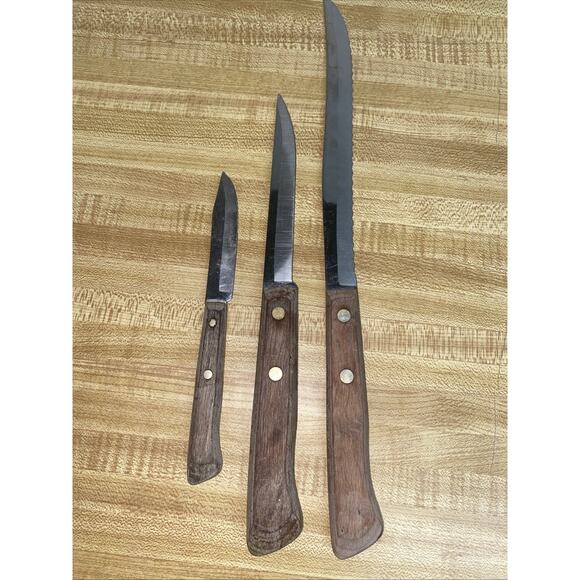 Vintage Set of 3 Flint Stainless Vanadium Knives Wood Handles USA - Picture 5 of 7